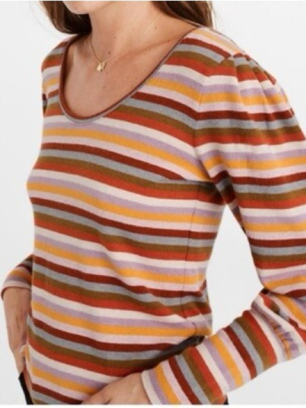 Madewell Striped Puff-Sleeve Scoopneck Top Sz L, Retro, Earth Tones, 70’s Style